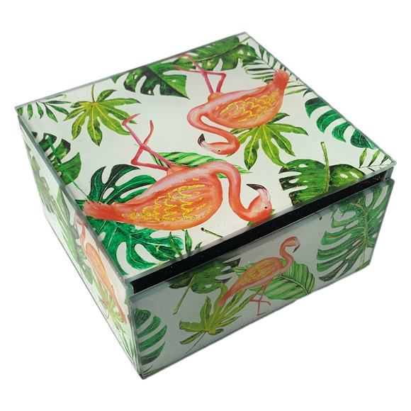 Flamingo Keepsake Box Jewelry & Trinkets, Beveled Glass, Hinged Lid, Lined 4"SQ - Picture 2 of 6
